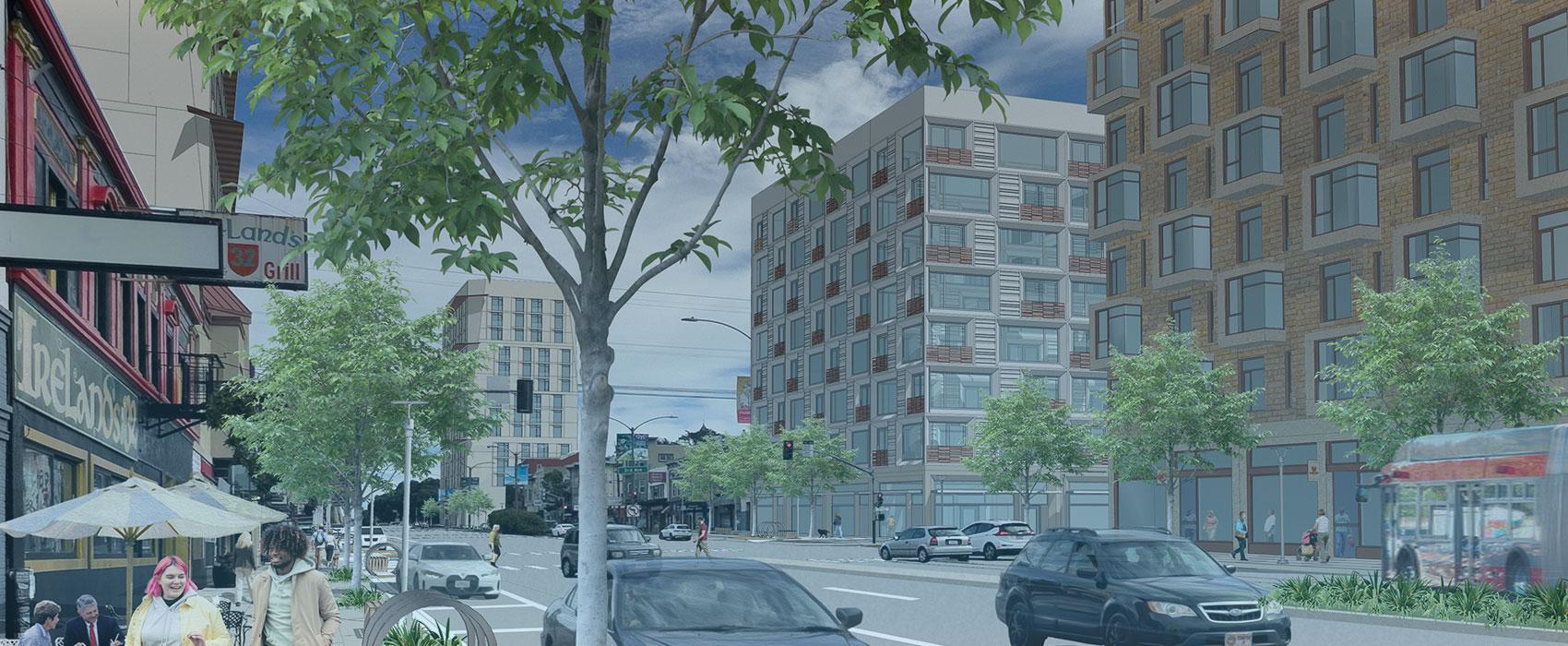Rendering of Geary Boulevard looking east towards 3rd Avenue with tall residences along boulevard,