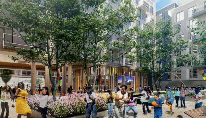 rendering of proposed open plaza showing active crowd