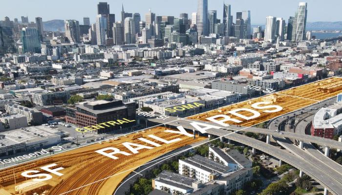 Aerial view overlooking railyards at 4th and King Streets